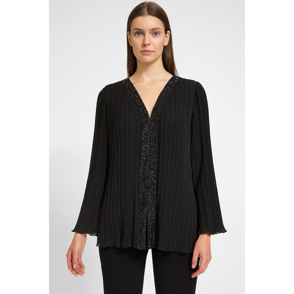 Patra Woman's Black Pleated Chiffon Blouse SZ‎ 14W Beaded Evening Top Glam Whim